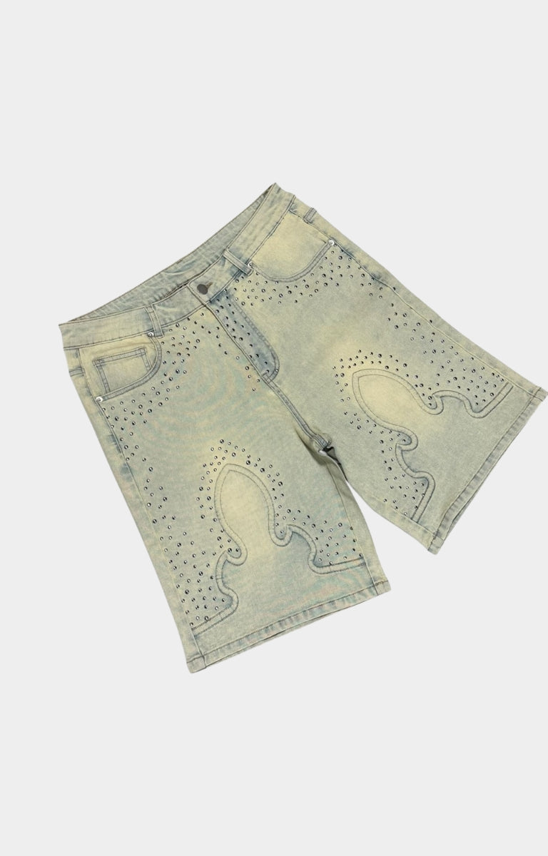 Vintage washed denim texture on Concept LA Valor Shorts.