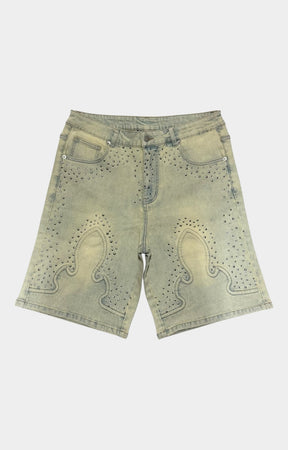 Concept LA Valor Vintage Blue Rhinestone Denim Shorts front view.