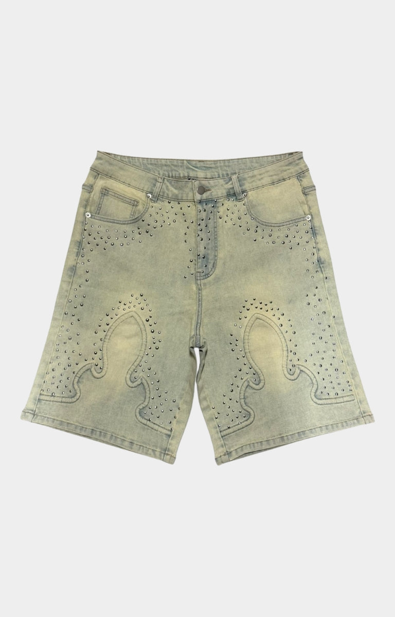 Concept LA Valor Vintage Blue Rhinestone Denim Shorts front view.
