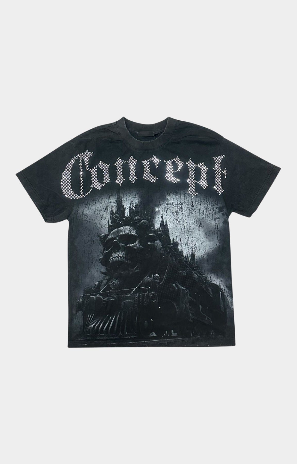 Concept MidNight Tee Black – Front View with Gothic Skull Train Graphic and rhinestone detail. 