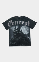 Concept MidNight Tee Black – Front View with Gothic Skull Train Graphic and rhinestone detail. 