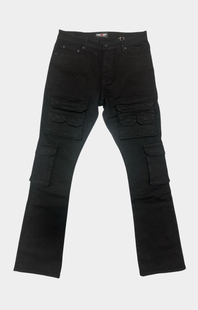 Concept Oxford Jet Black Cargo Pants front view with utility pockets.