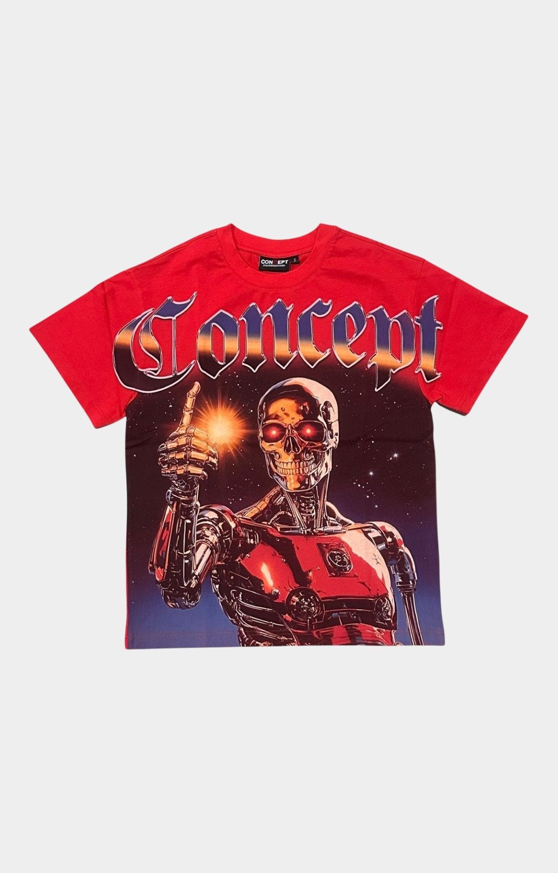Concept Star Light Tee Red – Front View with Chrome Skeleton Graphic.
