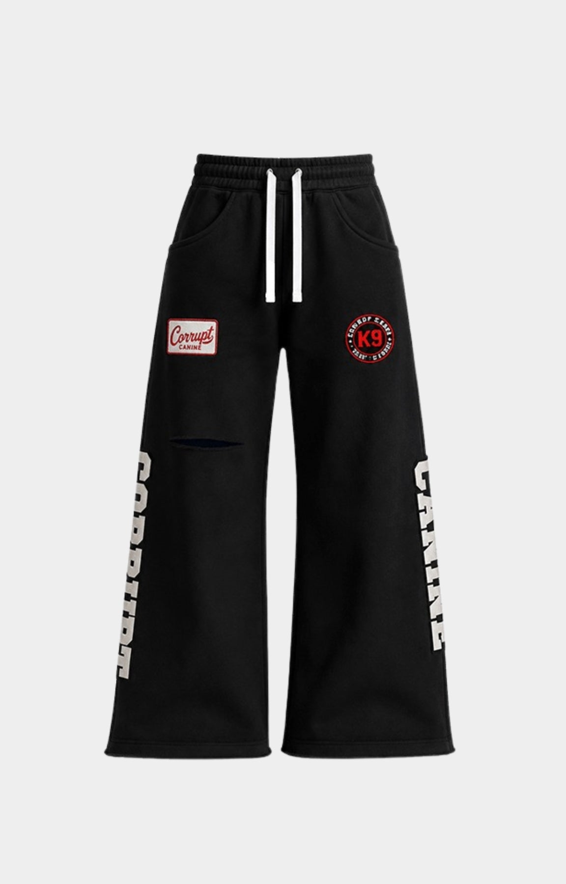 Corrupt K9 1st Pyramid Heavyweight Wide Leg Sweatpants Black front view.