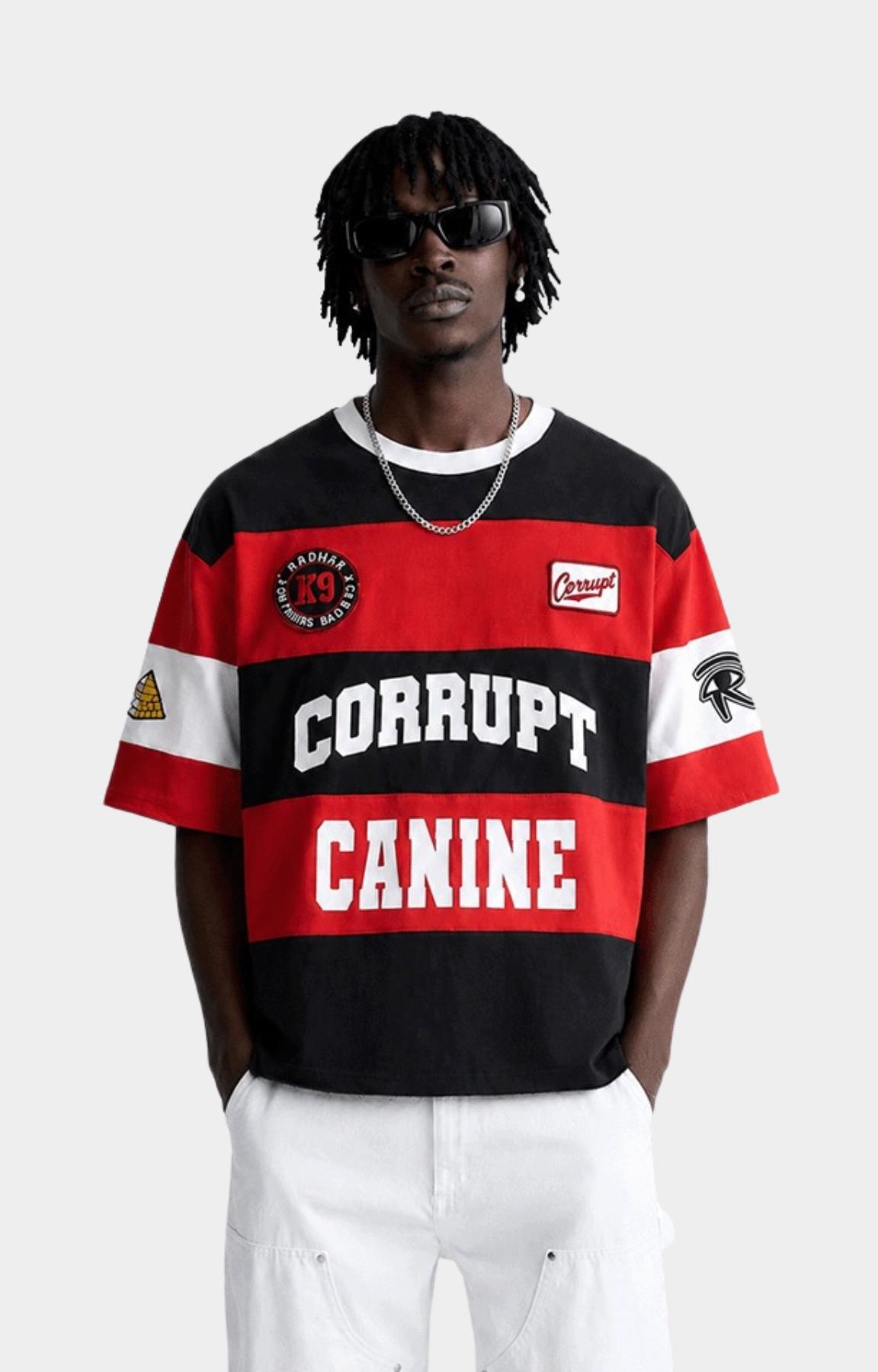 Corrupt K9 Pyramid Stripe Boxy Fit Graphic T-Shirt Black Red front view.