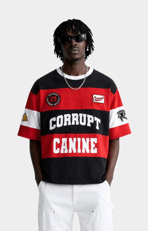 Corrupt K9 Pyramid Stripe Boxy Fit Graphic T-Shirt Black Red front view.