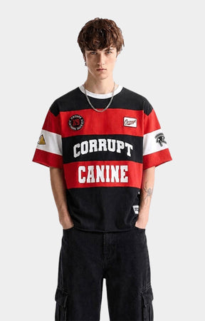 Side profile of Corrupt K9 Pyramid Stripe Boxy Fit Graphic T-Shirt.