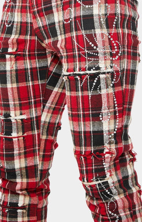 Guapi Blood Red Embellished Flannel Pants – Stacked Skinny with Rhinestones & Distressed Details