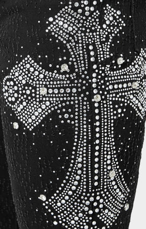 Luxury streetwear rhinestone-embellished skinny jeans in black.