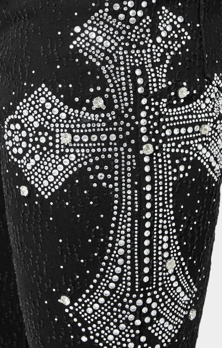 Luxury streetwear rhinestone-embellished skinny jeans in black.