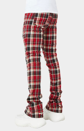 Guapi Blood Red Embellished Flannel Pants – Stacked Skinny with Rhinestones & Distressed Details