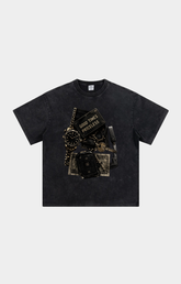 Drip Trap black mineral-wash short-sleeve t-shirt with a graphic print of a gold chain, watch, and cash on the front. 