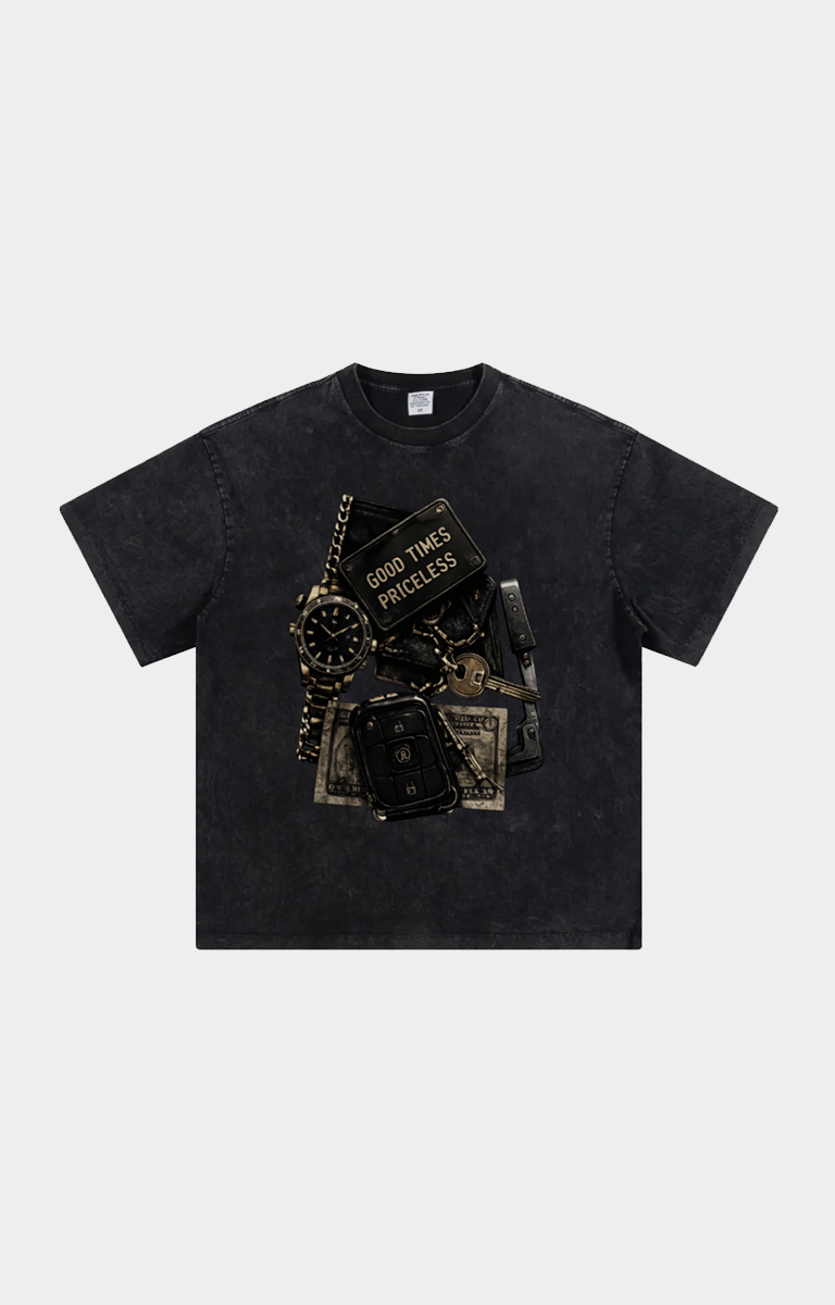 Drip Trap black mineral-wash short-sleeve t-shirt with a graphic print of a gold chain, watch, and cash on the front. 