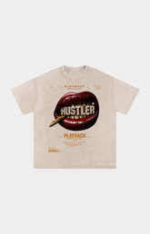 Drip Trap Khaki graphic t-shirt featuring a circular red lips design with a bullet and the word 'HUSTLER' in white, with 'PLAYBACK' printed above and below.