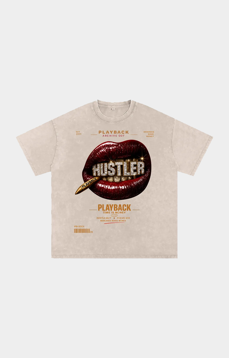 Drip Trap Khaki graphic t-shirt featuring a circular red lips design with a bullet and the word 'HUSTLER' in white, with 'PLAYBACK' printed above and below.