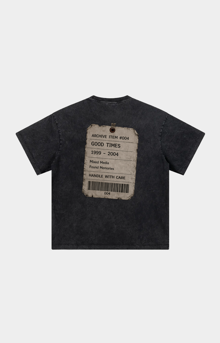 Drip Trap dark gray washed t-shirt shown from the back, featuring a distressed paper label graphic with text and a barcode.