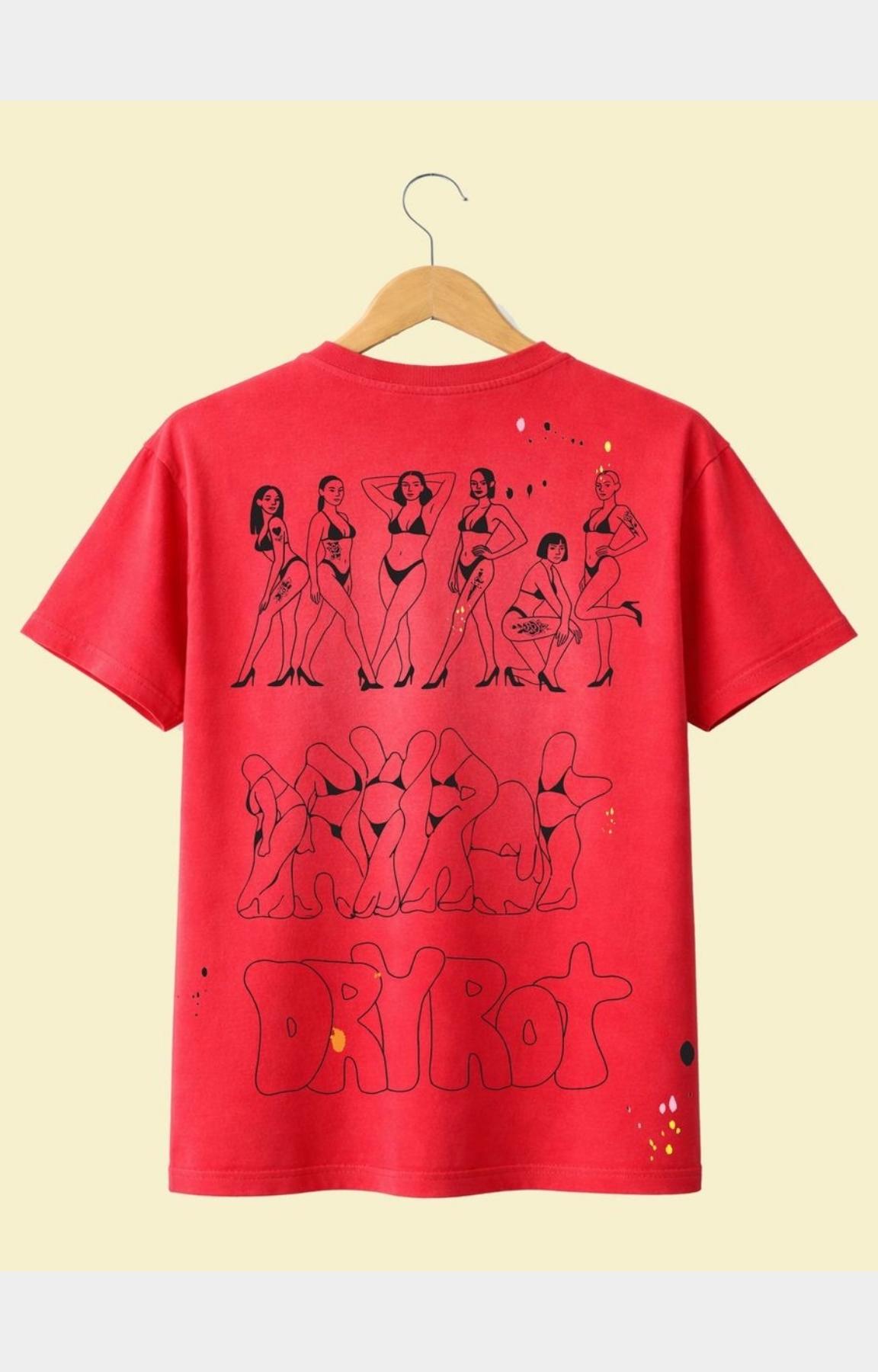 DRY ROT Dirty Silo Red t-shirt back view with illustrated graphic artwork. A short-sleeve t-shirt. The back of the shirt features black line art illustrations of women in bikinis, a stylized graphic resembling the word 'Dior', and small paint splatter details.