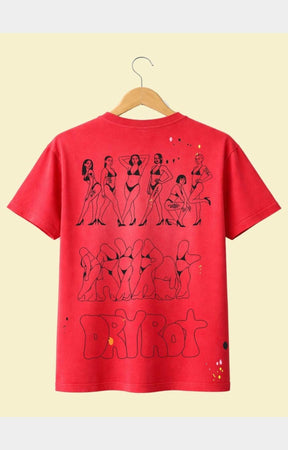 DRY ROT Dirty Silo Red t-shirt back view with illustrated graphic artwork. A short-sleeve t-shirt. The back of the shirt features black line art illustrations of women in bikinis, a stylized graphic resembling the word 'Dior', and small paint splatter details.