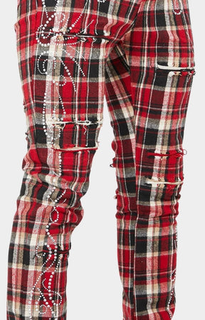 Guapi Blood Red Embellished Flannel Pants – Stacked Skinny with Rhinestones & Distressed Details