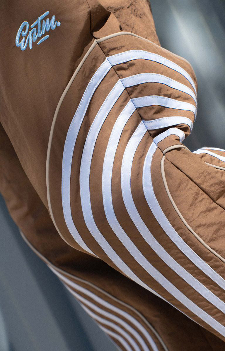 EPTM Flasher Pants – Brown/Blue Reflective Track Pants with Contrast Tape