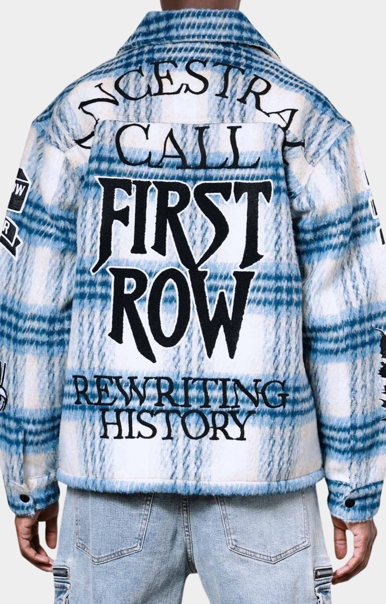 Back view of oversized First Row Ancestral Call Shacket with patchwork details.