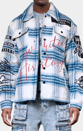 Front view of First Row Ancestral Call Shacket in wool blend streetwear design. 