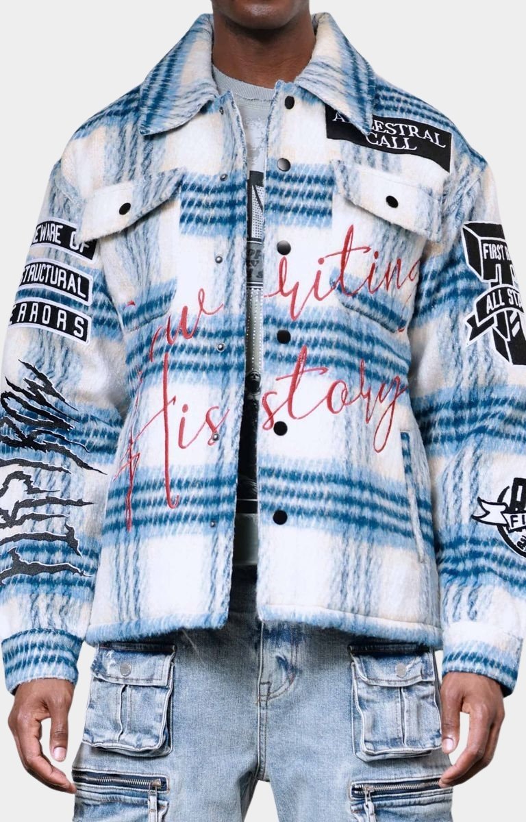 Front view of First Row Ancestral Call Shacket in wool blend streetwear design. 