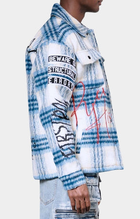 Blue and white checkered jacket with text and graphics on a plain background