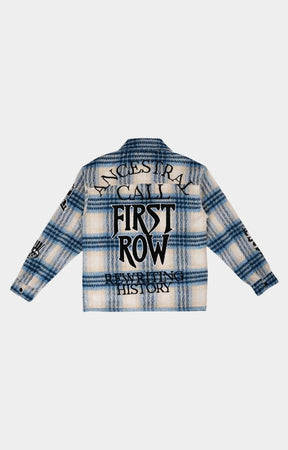 Back view of oversized First Row Ancestral Call Shacket with patchwork details