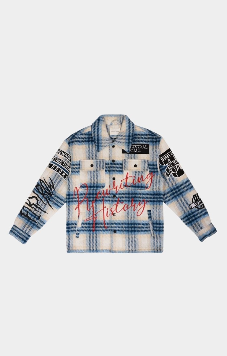 Front view of First Row Ancestral Call Shacket in wool blend streetwear design,