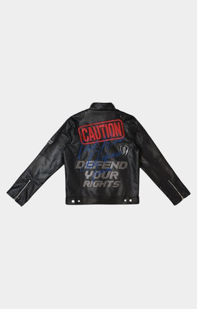 Back View of Streetwear outfit styled with First Row Caution Not So Quiet PU leather racing jacket.