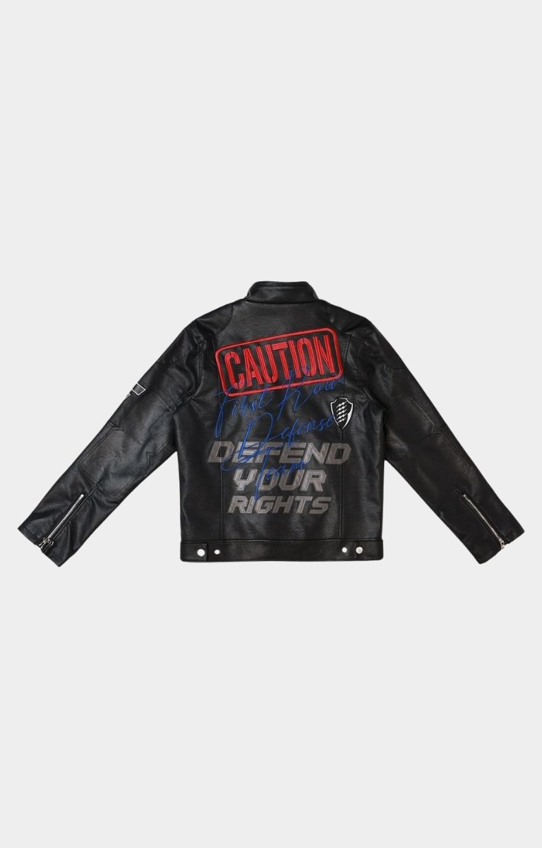 Back View of Streetwear outfit styled with First Row Caution Not So Quiet PU leather racing jacket.
