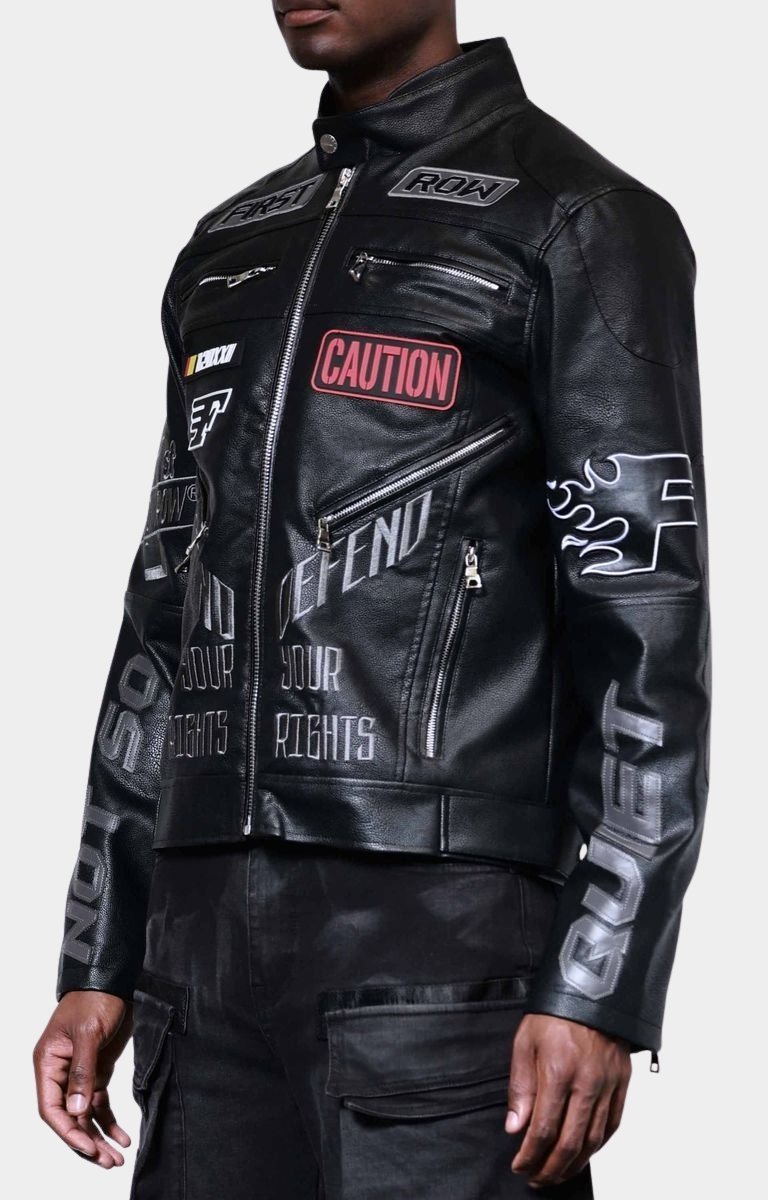 First Row Caution Not So Quiet Racing Jacket in PU leather details. zipup side pockets. 