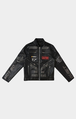 Streetwear outfit styled with First Row Caution Not So Quiet PU leather racing jacket.