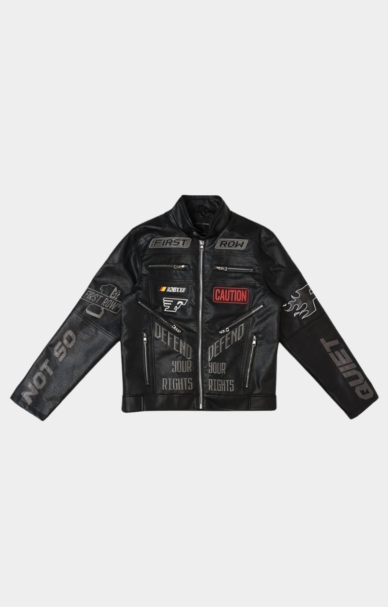 Streetwear outfit styled with First Row Caution Not So Quiet PU leather racing jacket.
