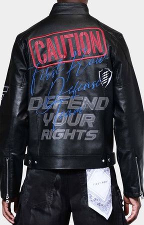 Back view of First Row PU leather streetwear racing jacket.