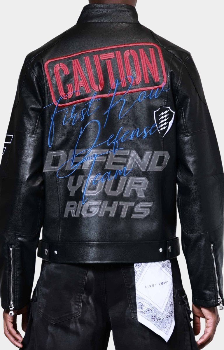 Back view of First Row PU leather streetwear racing jacket.