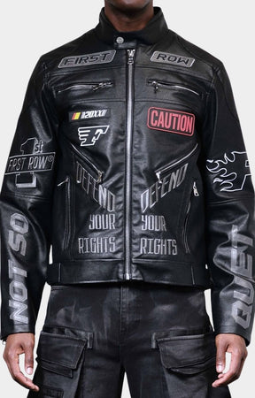 Front view of First Row Caution Not So Quiet Racing Jacket in PU leather.
