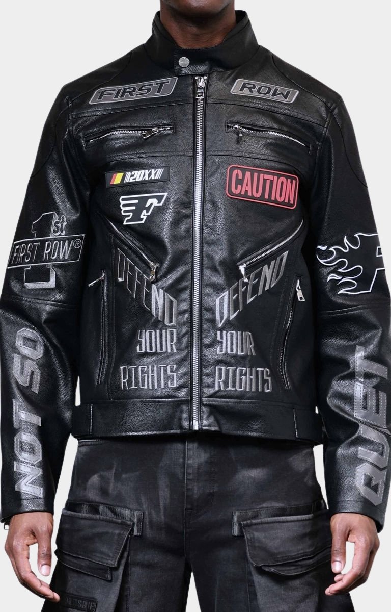 Front view of First Row Caution Not So Quiet Racing Jacket in PU leather.