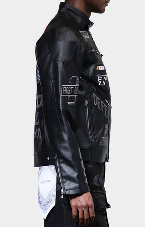 Side View of First Row Caution Not So Quiet Racing Jacket in PU leather details. Zipup side pockets and Zip Up Sleeves. 