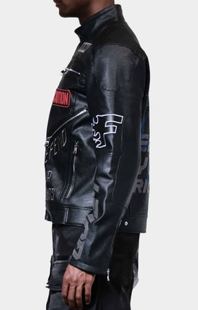 Side View of First Row Caution Not So Quiet Racing Jacket in PU leather details.