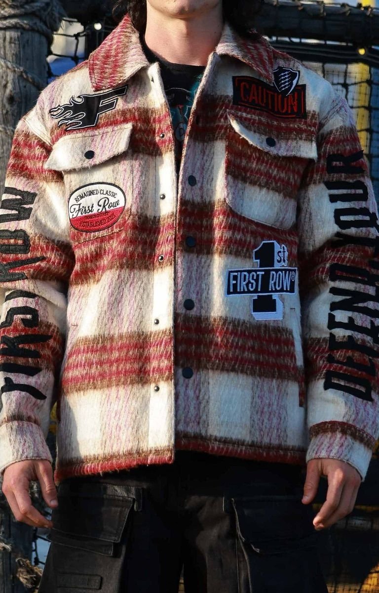 Front view of First Row Caution Not So Quiet Shacket in wool blend.