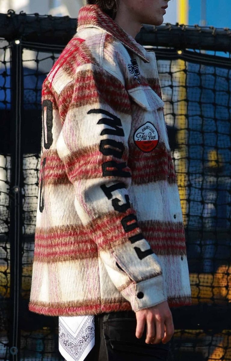 Side view of First Row Caution Not So Quiet Shacket in wool blend.