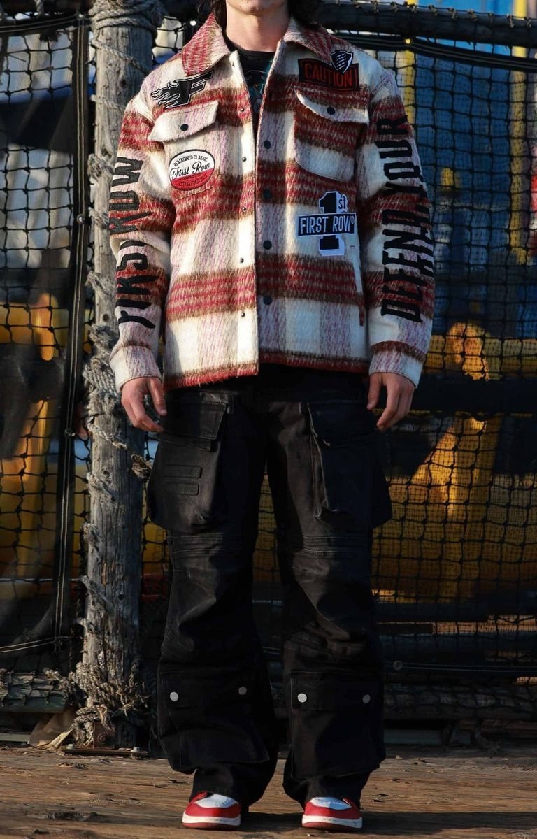 Streetwear look styled with First Row Caution Not So Quiet Shacket.