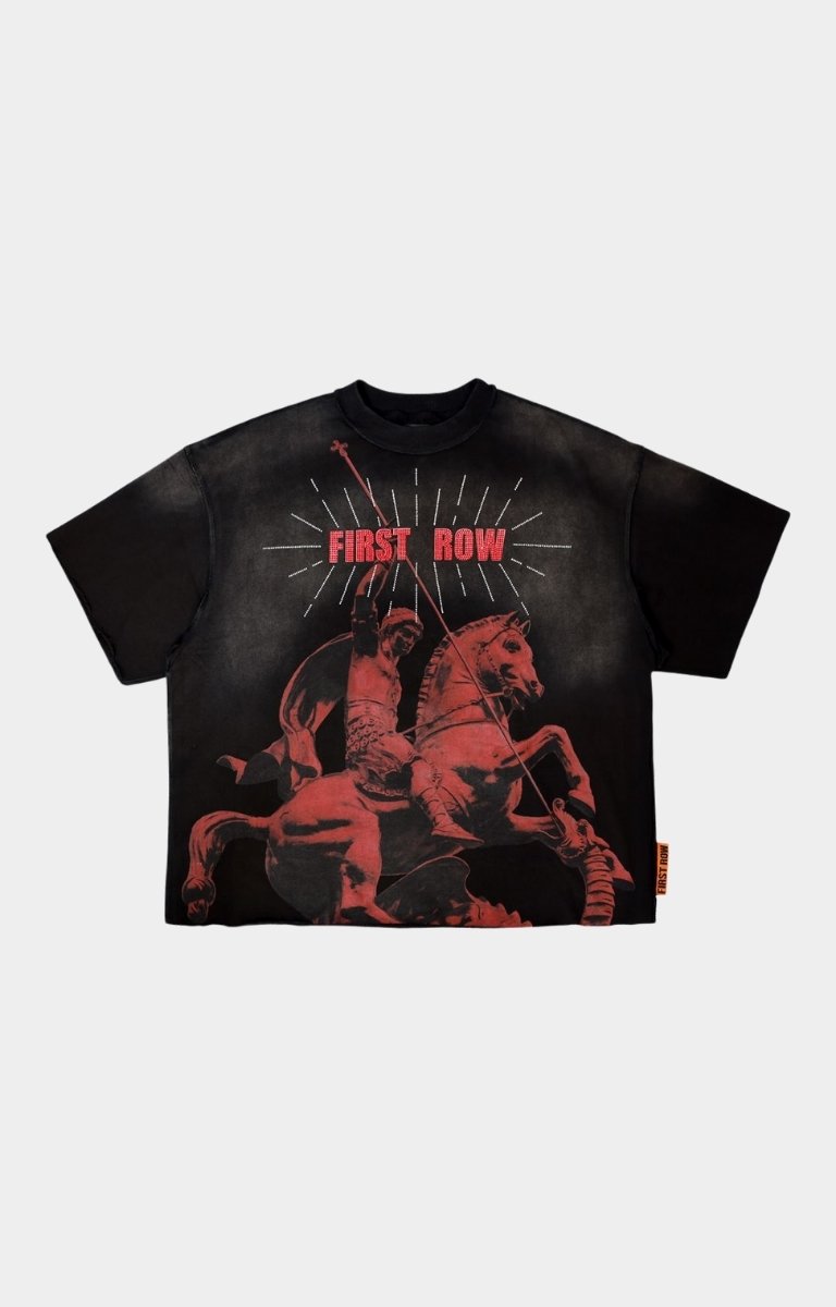 Front view of FIRST ROW Cropped Mini Terry Tee with rhinestone detailing.