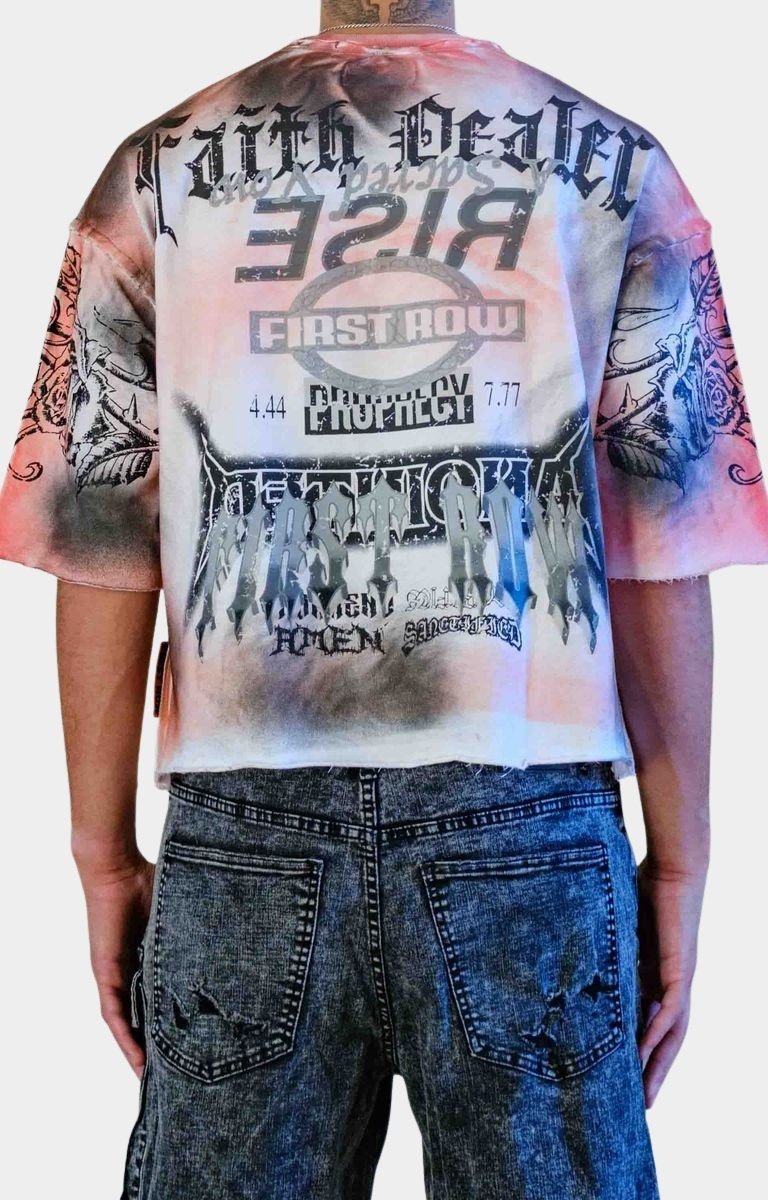 Back view of First Row Faith Dealer crop tee