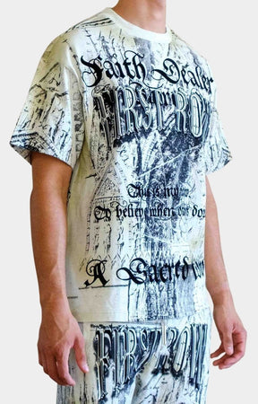 Flock print graphic detail on Faith Dealer Sanctuary tee