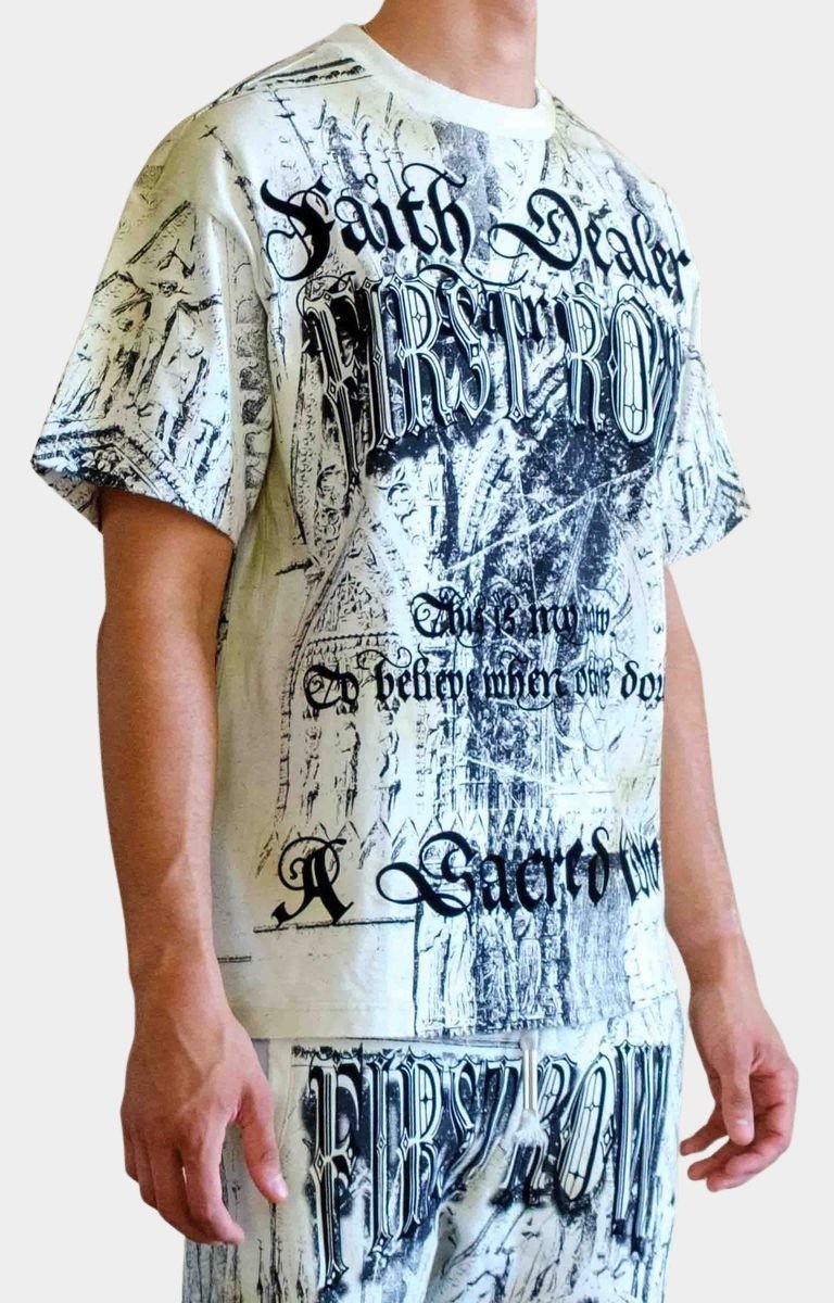 Flock print graphic detail on Faith Dealer Sanctuary tee