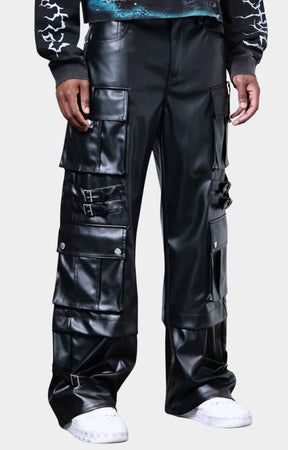 Close-up of buckle and pocket details on First Row Y2K PU cargos in faux leather.