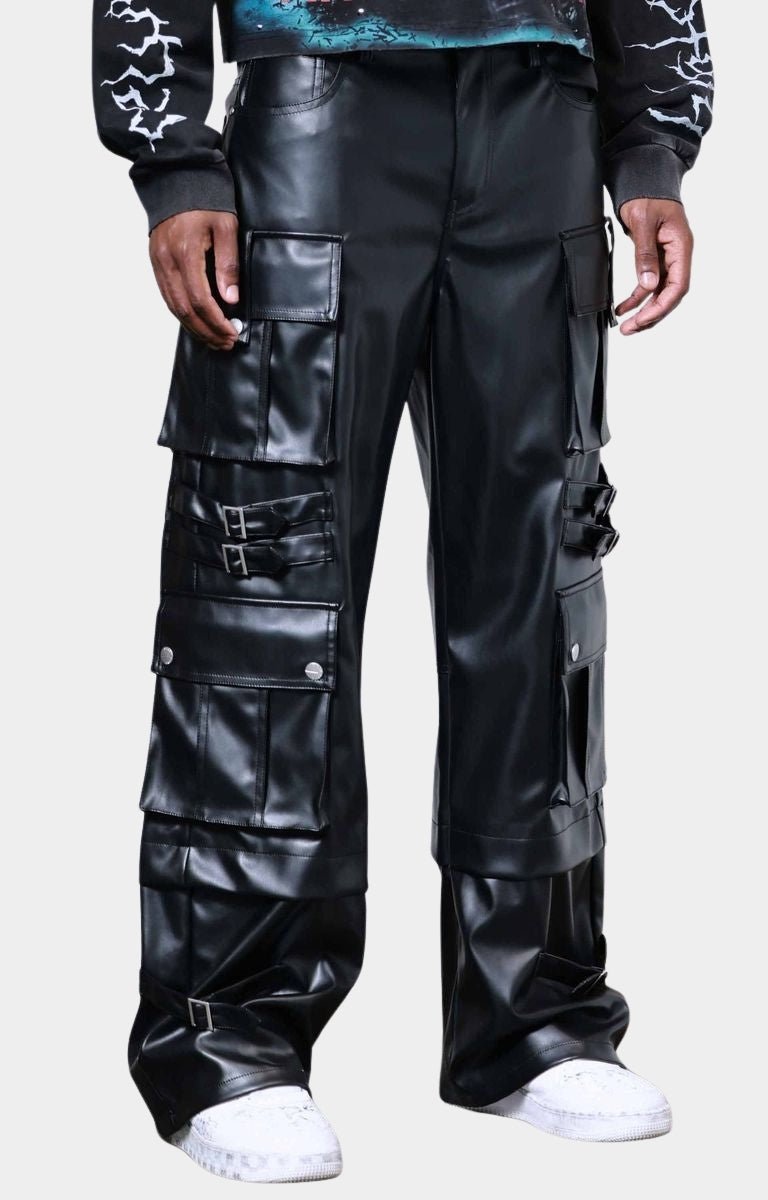 Close-up of buckle and pocket details on First Row Y2K PU cargos in faux leather.